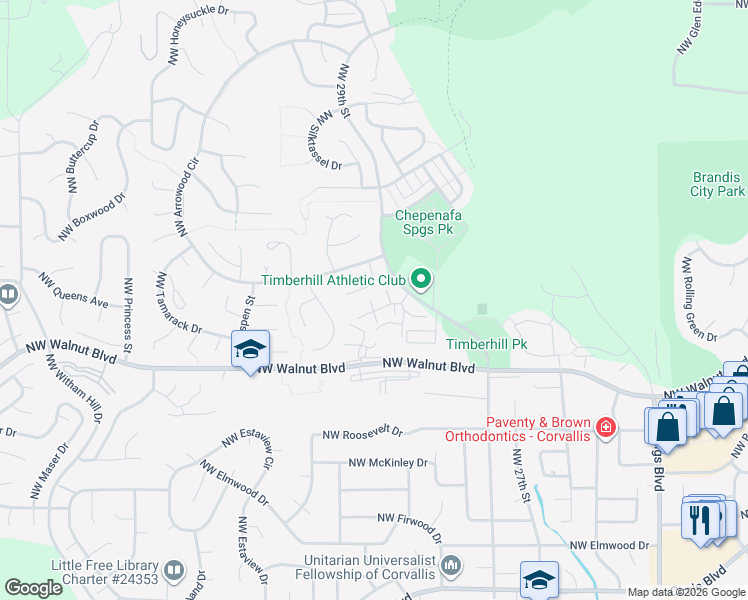map of restaurants, bars, coffee shops, grocery stores, and more near 2924 Northwest 29th Street in Corvallis