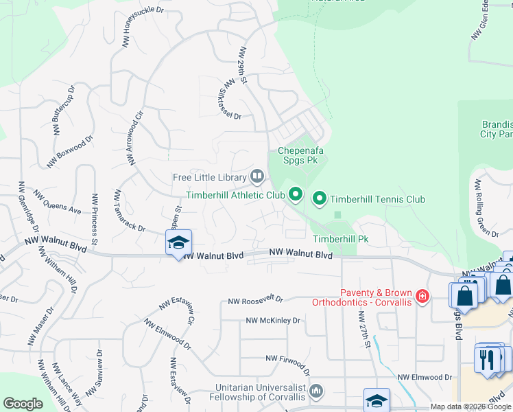 map of restaurants, bars, coffee shops, grocery stores, and more near 2924 Northwest 29th Street in Corvallis