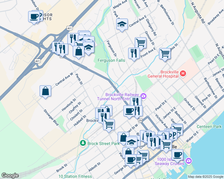 map of restaurants, bars, coffee shops, grocery stores, and more near 6 Stewart Boulevard in Brockville