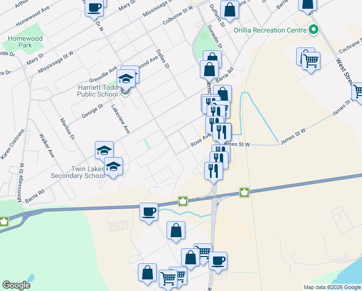 map of restaurants, bars, coffee shops, grocery stores, and more near 214 Westmount Drive South in Orillia