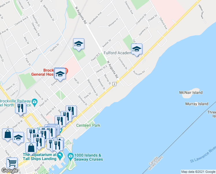 map of restaurants, bars, coffee shops, grocery stores, and more near 198 King Street East in Brockville