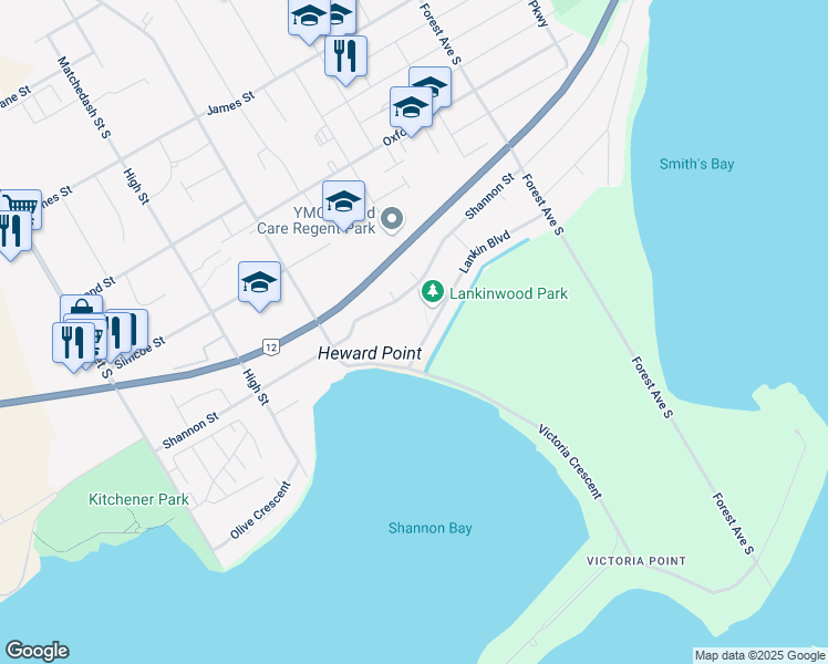 map of restaurants, bars, coffee shops, grocery stores, and more near 12 Lankin Boulevard in Orillia
