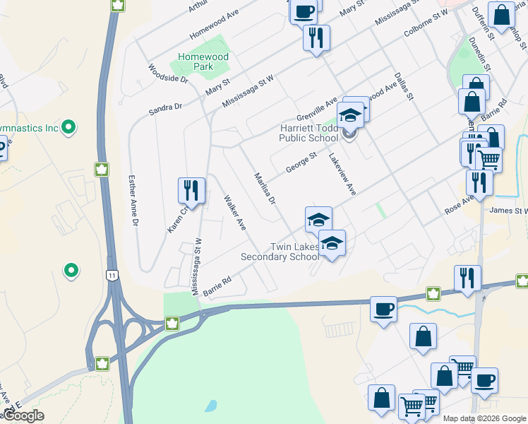 map of restaurants, bars, coffee shops, grocery stores, and more near 38 Andrea Crescent in Orillia