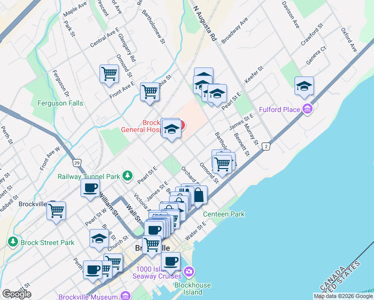 map of restaurants, bars, coffee shops, grocery stores, and more near 78 Ormond Street in Brockville