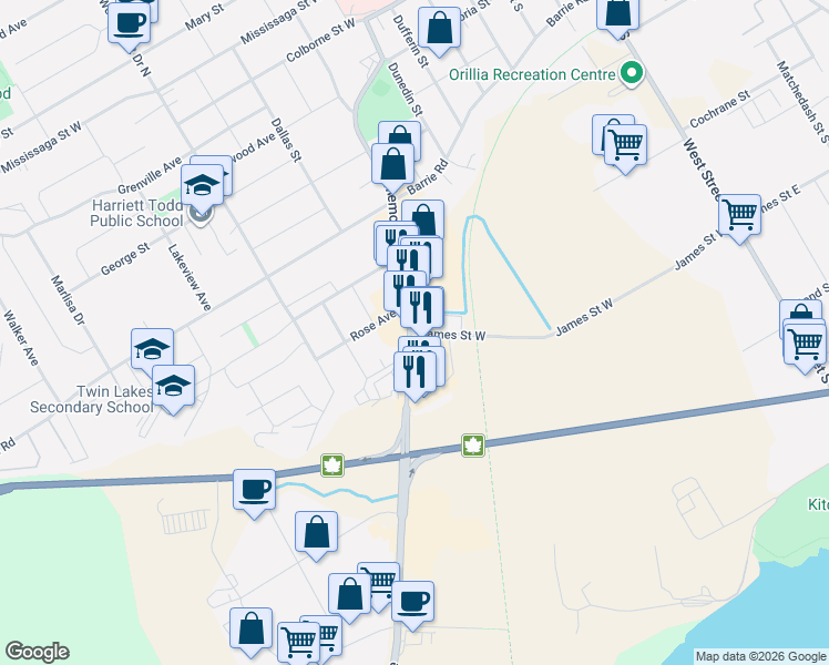 map of restaurants, bars, coffee shops, grocery stores, and more near 12 James Street West in Orillia