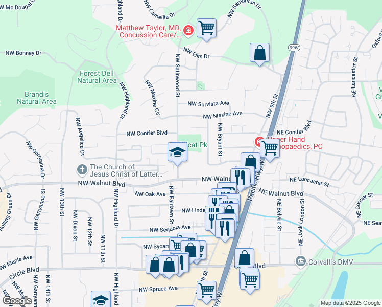 map of restaurants, bars, coffee shops, grocery stores, and more near 2701 Northwest Satinwood Street in Corvallis