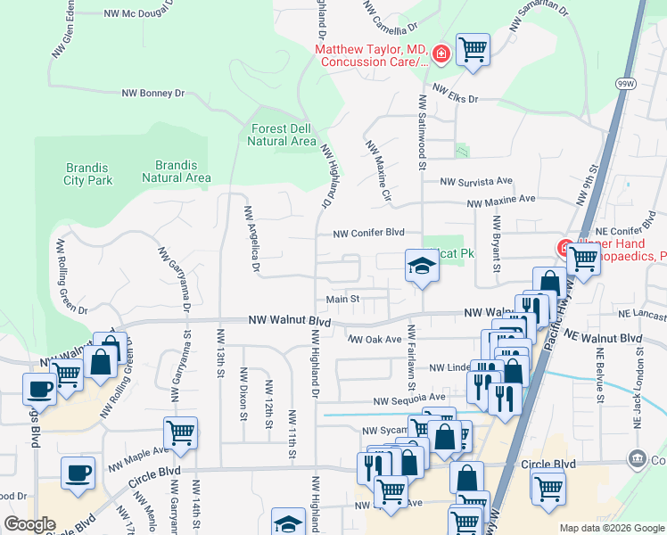 map of restaurants, bars, coffee shops, grocery stores, and more near 100 North Street in Corvallis