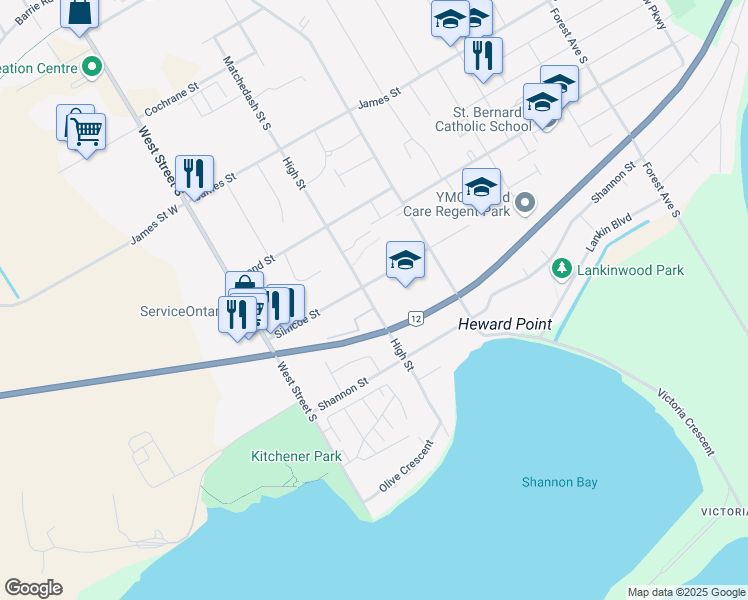 map of restaurants, bars, coffee shops, grocery stores, and more near 531 High Street in Orillia