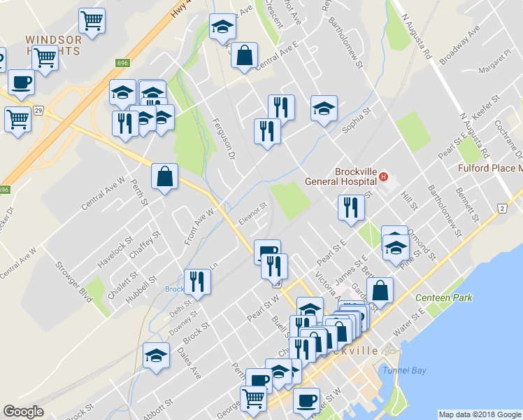 map of restaurants, bars, coffee shops, grocery stores, and more near 5 Eleanor Street in Brockville