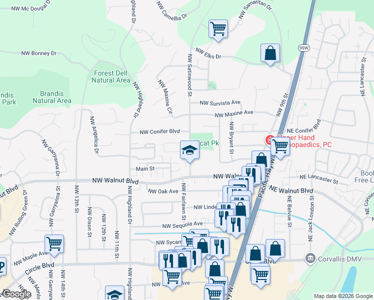 map of restaurants, bars, coffee shops, grocery stores, and more near 717 Northwest Sundance Circle in Corvallis