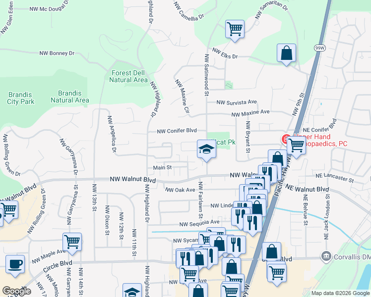 map of restaurants, bars, coffee shops, grocery stores, and more near 763 Northwest Sundance Circle in Corvallis