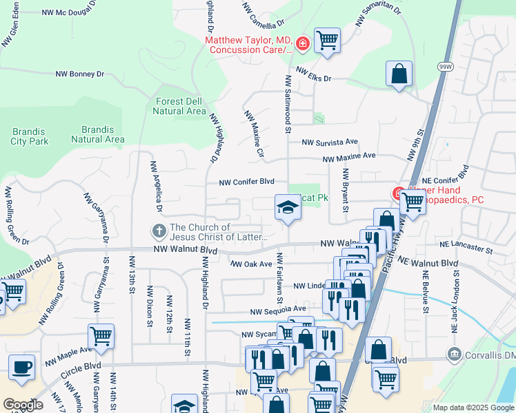 map of restaurants, bars, coffee shops, grocery stores, and more near 87 North Street in Corvallis