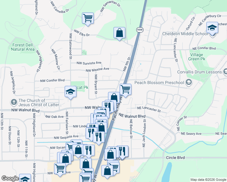 map of restaurants, bars, coffee shops, grocery stores, and more near 408 Northwest Hemlock Avenue in Corvallis