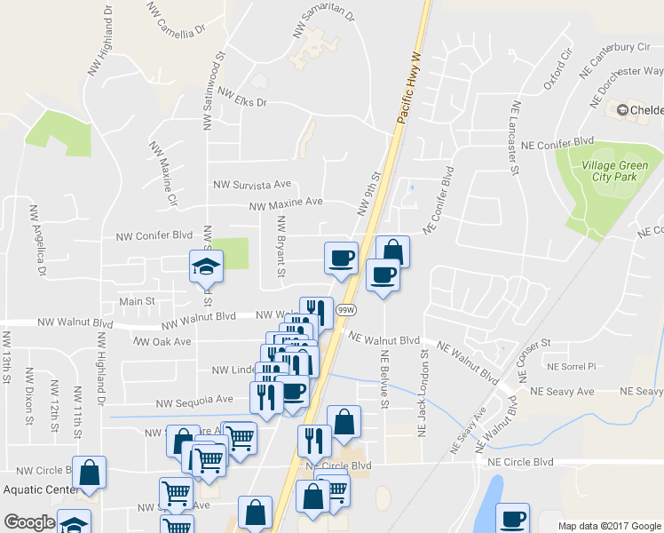 map of restaurants, bars, coffee shops, grocery stores, and more near 400 Northwest Ponderosa Avenue in Corvallis