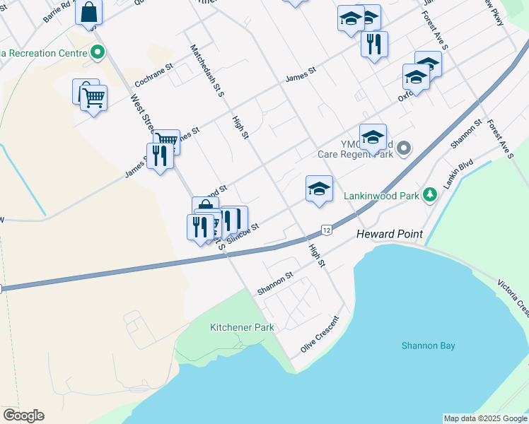 map of restaurants, bars, coffee shops, grocery stores, and more near 28 Dorset Drive in Orillia