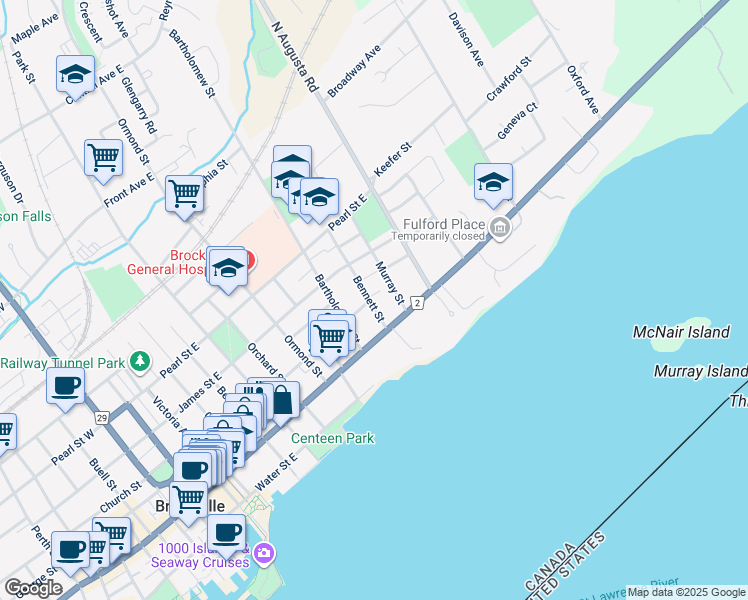 map of restaurants, bars, coffee shops, grocery stores, and more near 25 Bennett Street in Brockville