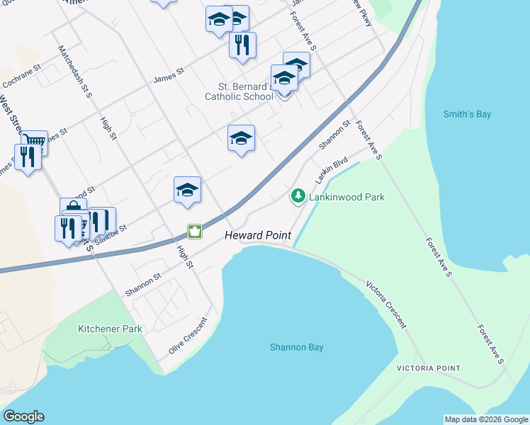 map of restaurants, bars, coffee shops, grocery stores, and more near 173 Shannon Street in Orillia