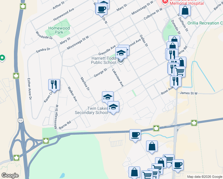 map of restaurants, bars, coffee shops, grocery stores, and more near 356 Barrie Road in Orillia
