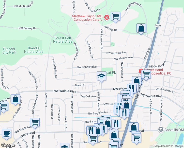 map of restaurants, bars, coffee shops, grocery stores, and more near 807 Northwest Sundance Circle in Corvallis