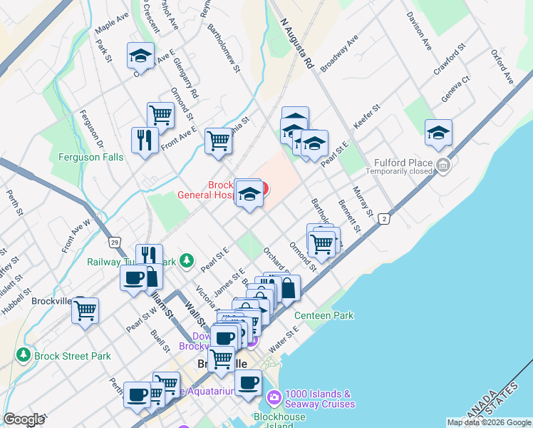 map of restaurants, bars, coffee shops, grocery stores, and more near Pearl Street East in Brockville