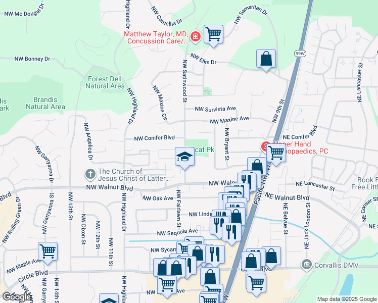 map of restaurants, bars, coffee shops, grocery stores, and more near 2701 Northwest Satinwood Street in Corvallis
