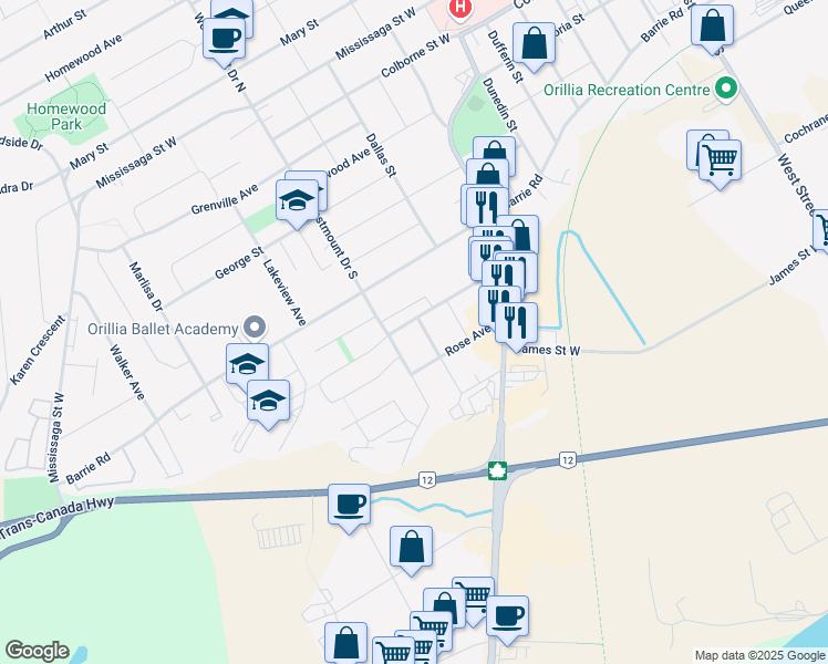 map of restaurants, bars, coffee shops, grocery stores, and more near 8 Dunn Avenue in Orillia
