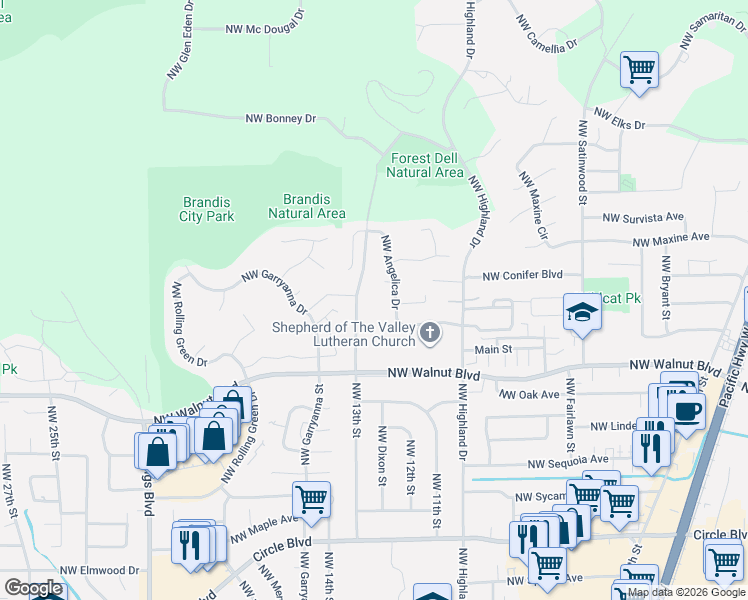map of restaurants, bars, coffee shops, grocery stores, and more near 2890 Northwest Angelica Drive in Corvallis
