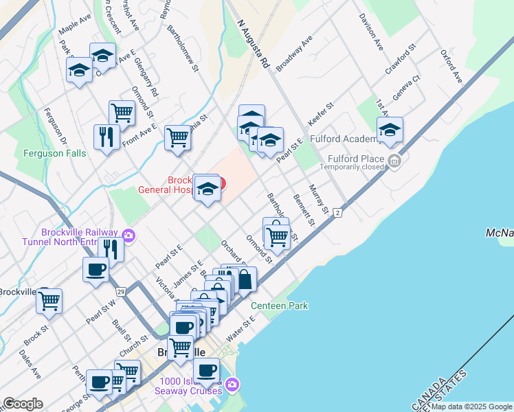 map of restaurants, bars, coffee shops, grocery stores, and more near 138 James Street East in Brockville