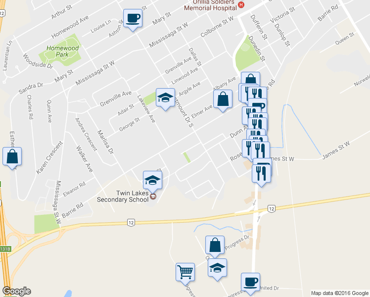 map of restaurants, bars, coffee shops, grocery stores, and more near 20 Christine Place in Orillia