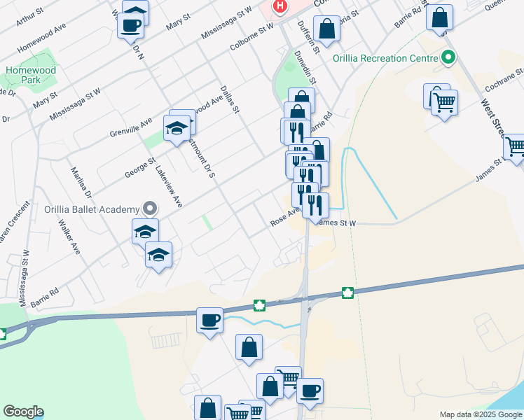 map of restaurants, bars, coffee shops, grocery stores, and more near 8 Carlton Street in Orillia