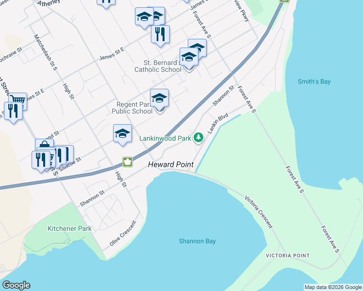 map of restaurants, bars, coffee shops, grocery stores, and more near 179 Shannon Street in Orillia