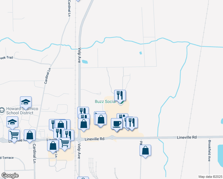 map of restaurants, bars, coffee shops, grocery stores, and more near 2357 Sunny Lane in Suamico