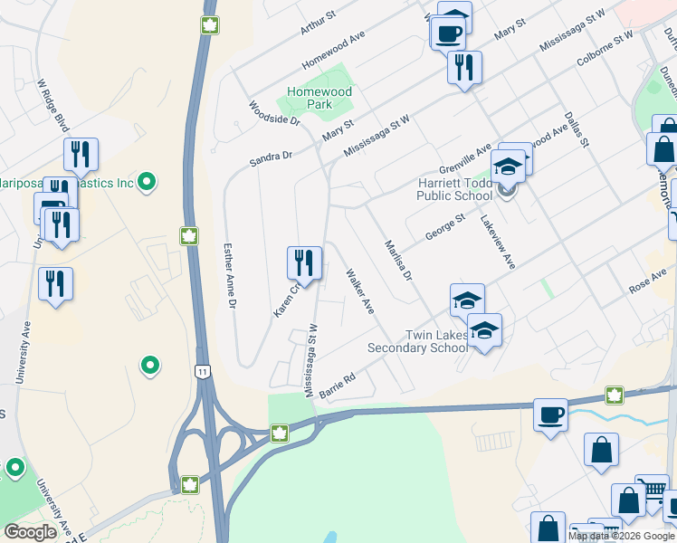 map of restaurants, bars, coffee shops, grocery stores, and more near 14 Walker Avenue in Orillia