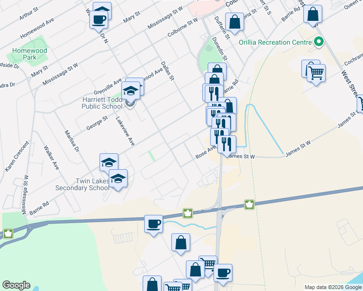 map of restaurants, bars, coffee shops, grocery stores, and more near 29 Dunn Avenue in Orillia
