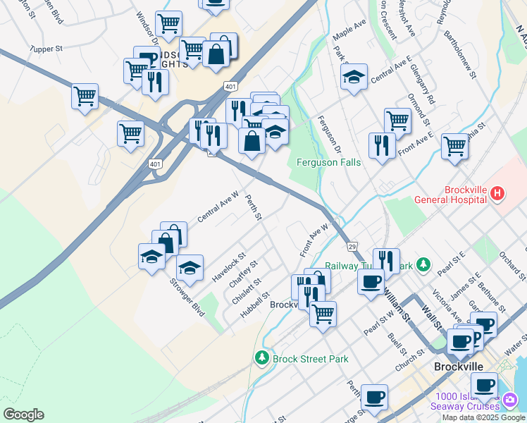map of restaurants, bars, coffee shops, grocery stores, and more near 271 Perth Street in Brockville