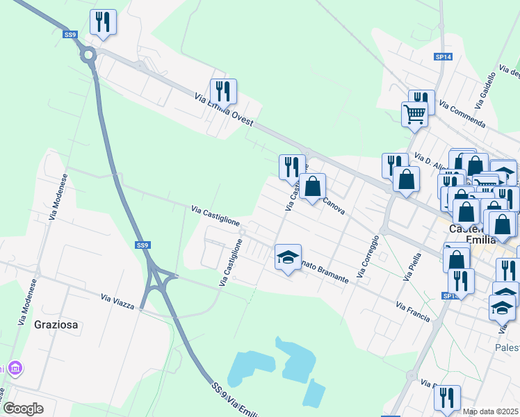 map of restaurants, bars, coffee shops, grocery stores, and more near 30 Via Giorgione in Castelfranco Emilia