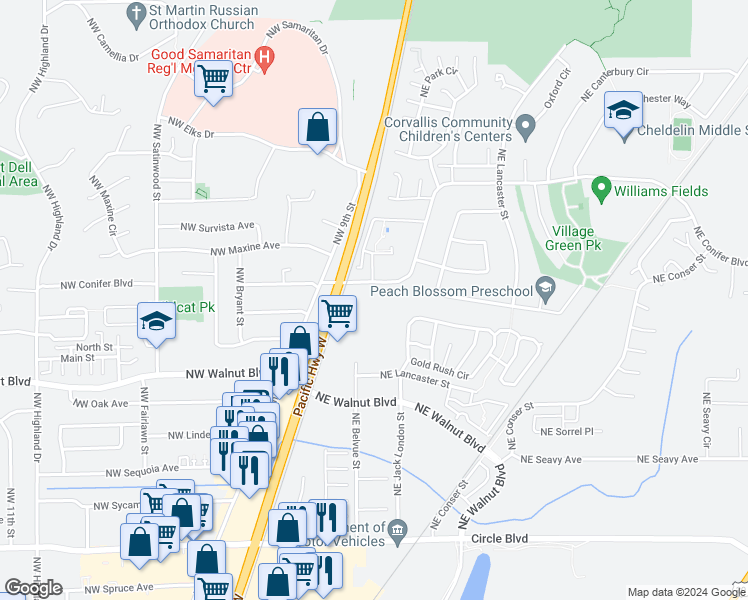 map of restaurants, bars, coffee shops, grocery stores, and more near 152 Northeast Conifer Boulevard in Corvallis