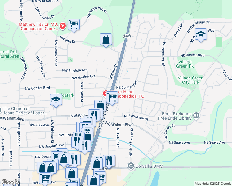 map of restaurants, bars, coffee shops, grocery stores, and more near 108 Northeast Conifer Boulevard in Corvallis