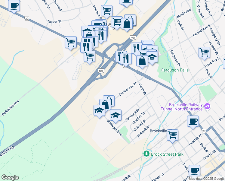 map of restaurants, bars, coffee shops, grocery stores, and more near 100 Central Ave W in Brockville