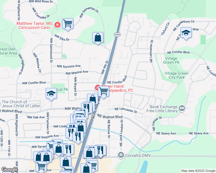 map of restaurants, bars, coffee shops, grocery stores, and more near 108 Northeast Conifer Boulevard in Corvallis