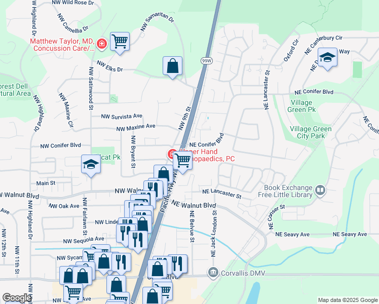 map of restaurants, bars, coffee shops, grocery stores, and more near 108 Northeast Conifer Boulevard in Corvallis