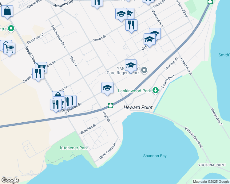 map of restaurants, bars, coffee shops, grocery stores, and more near 493 Gill Street in Orillia