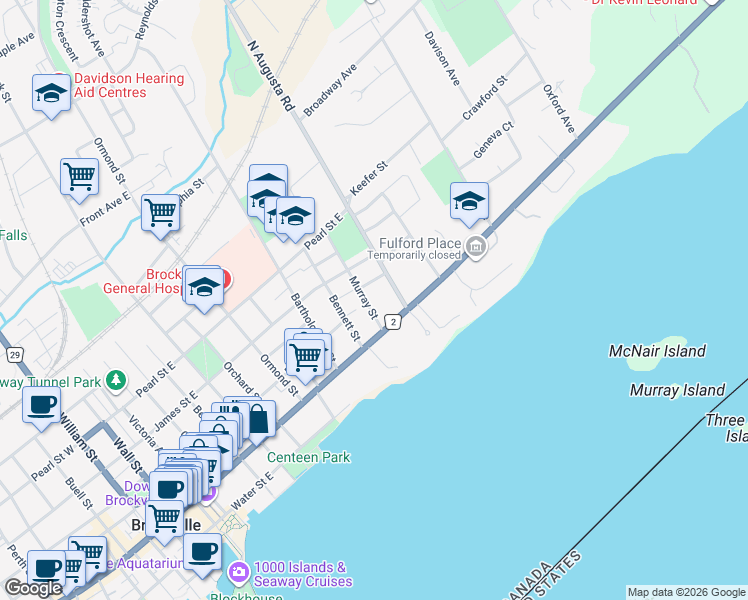 map of restaurants, bars, coffee shops, grocery stores, and more near 25 Murray Street in Brockville