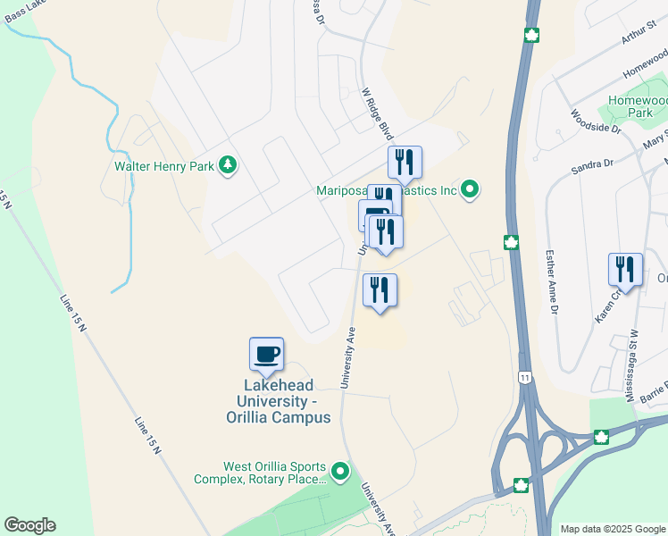 map of restaurants, bars, coffee shops, grocery stores, and more near 106 Diana Drive in Orillia