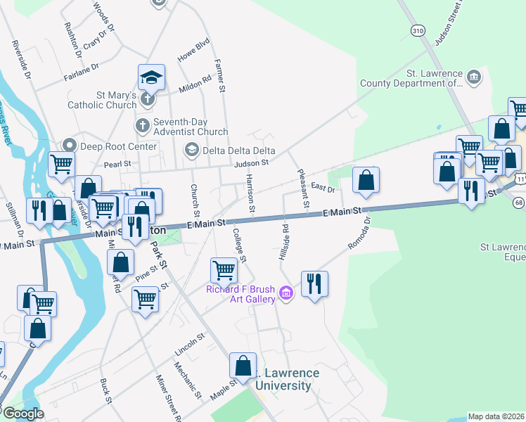 map of restaurants, bars, coffee shops, grocery stores, and more near 43 Main St in Canton