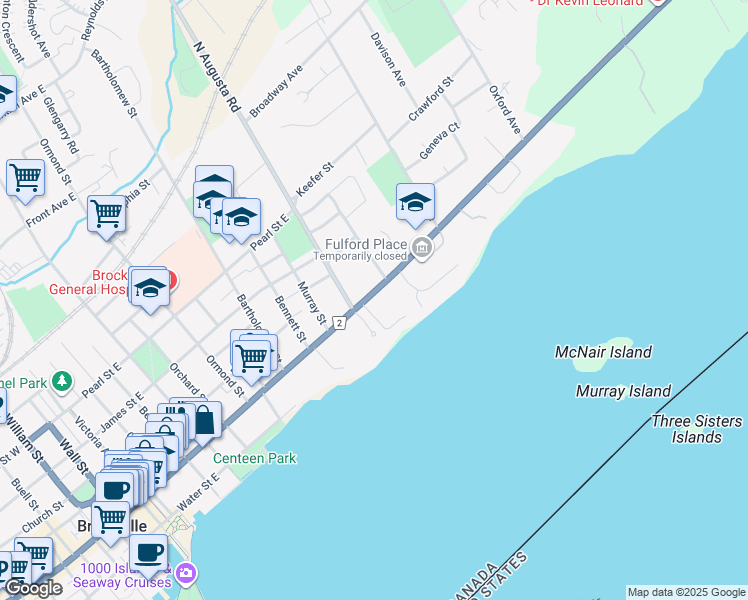 map of restaurants, bars, coffee shops, grocery stores, and more near 235 King Street East in Brockville