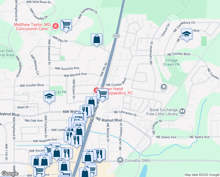 map of restaurants, bars, coffee shops, grocery stores, and more near 124 Northeast Conifer Boulevard in Corvallis
