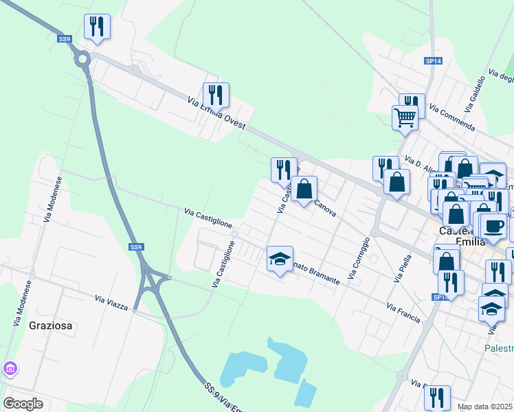 map of restaurants, bars, coffee shops, grocery stores, and more near 30 Via Giorgione in Castelfranco Emilia