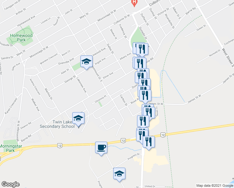 map of restaurants, bars, coffee shops, grocery stores, and more near 8 Dunn Avenue in Orillia