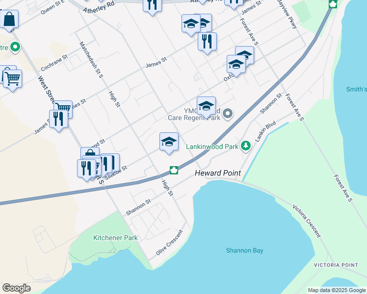 map of restaurants, bars, coffee shops, grocery stores, and more near 493 Gill Street in Orillia